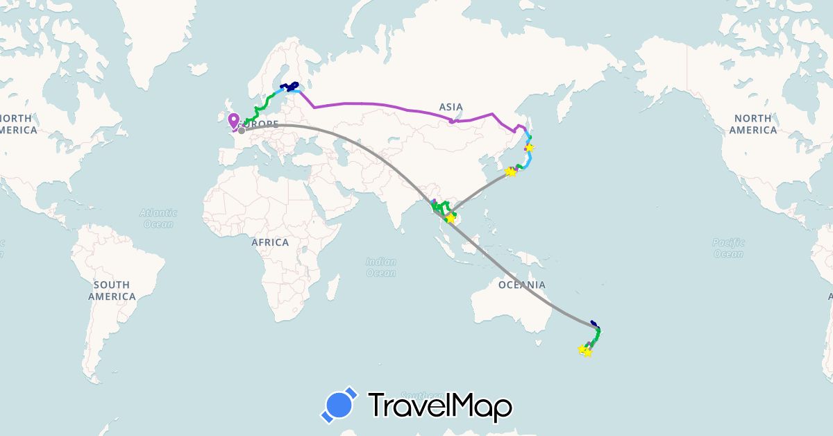 TravelMap itinerary: driving, bus, plane, cycling, train, hiking, boat, hitchhiking in Denmark, Finland, France, Japan, Cambodia, Laos, Myanmar (Burma), Netherlands, New Zealand, Russia, Sweden, Thailand (Asia, Europe, Oceania)